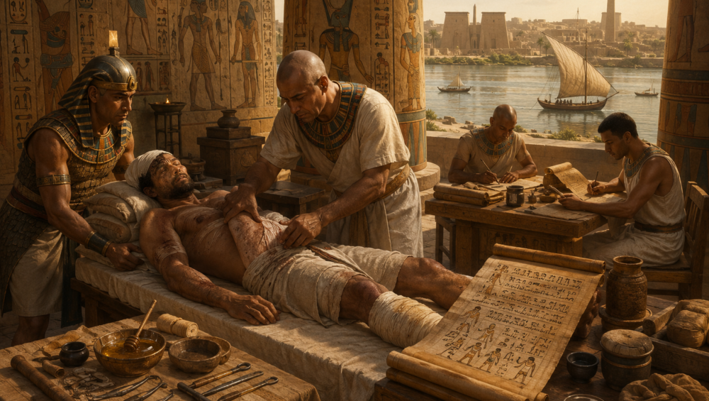 Ancient Egyptian medicine – physician treating an injured patient