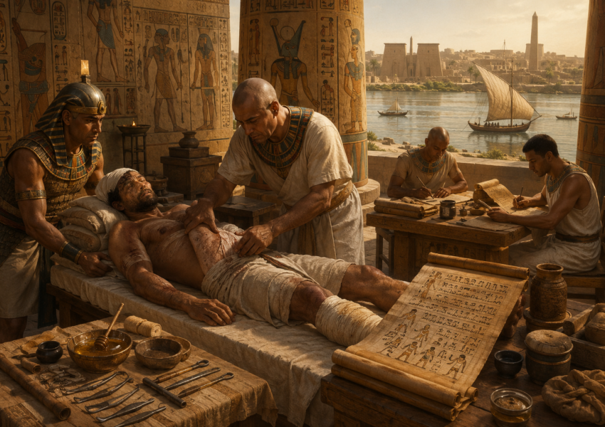 Ancient Egyptian medicine – physician treating an injured patient