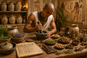 Ancient Egyptian medicine prepared with herbs and natural remedies