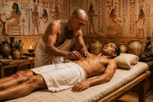 Ancient Egyptian physician treating an injured patient