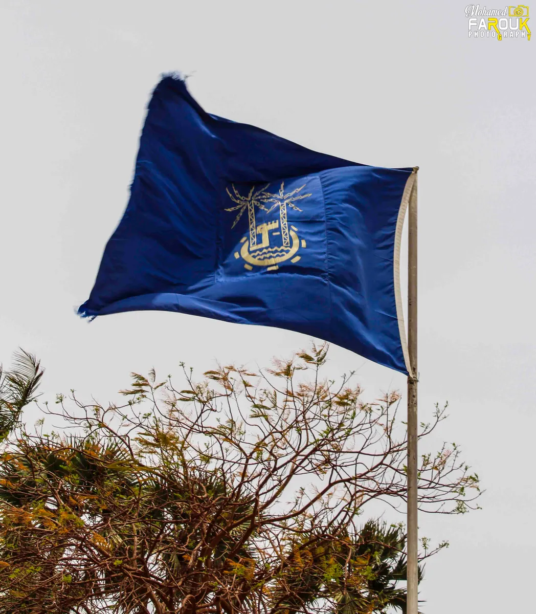 Blue flag flying above trees at Aswan Botanical Garden