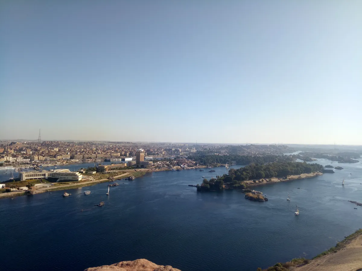 Panoramic view of the botanical island, Nile, and Aswan riverfront