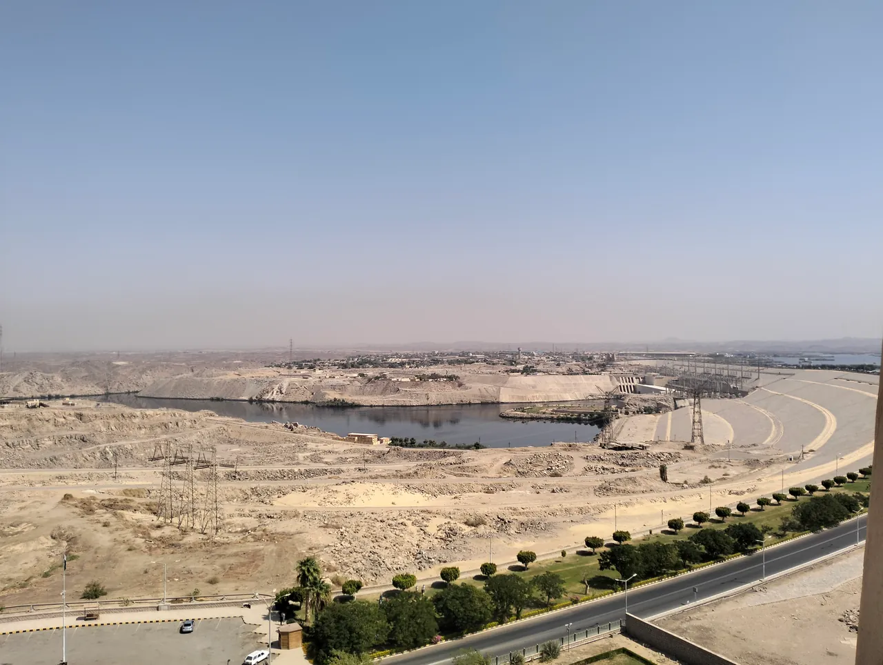 Aswan High Dam embankment, power station, and downstream water