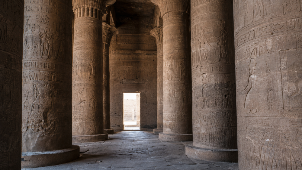 Massive columns inside the hypostyle hall of Edfu Temple