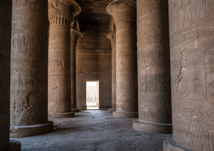 Massive columns inside the hypostyle hall of Edfu Temple