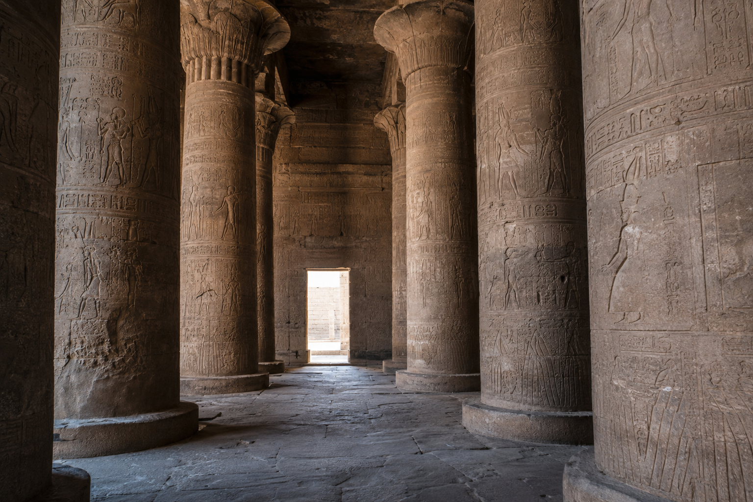 Massive columns inside the hypostyle hall of Edfu Temple