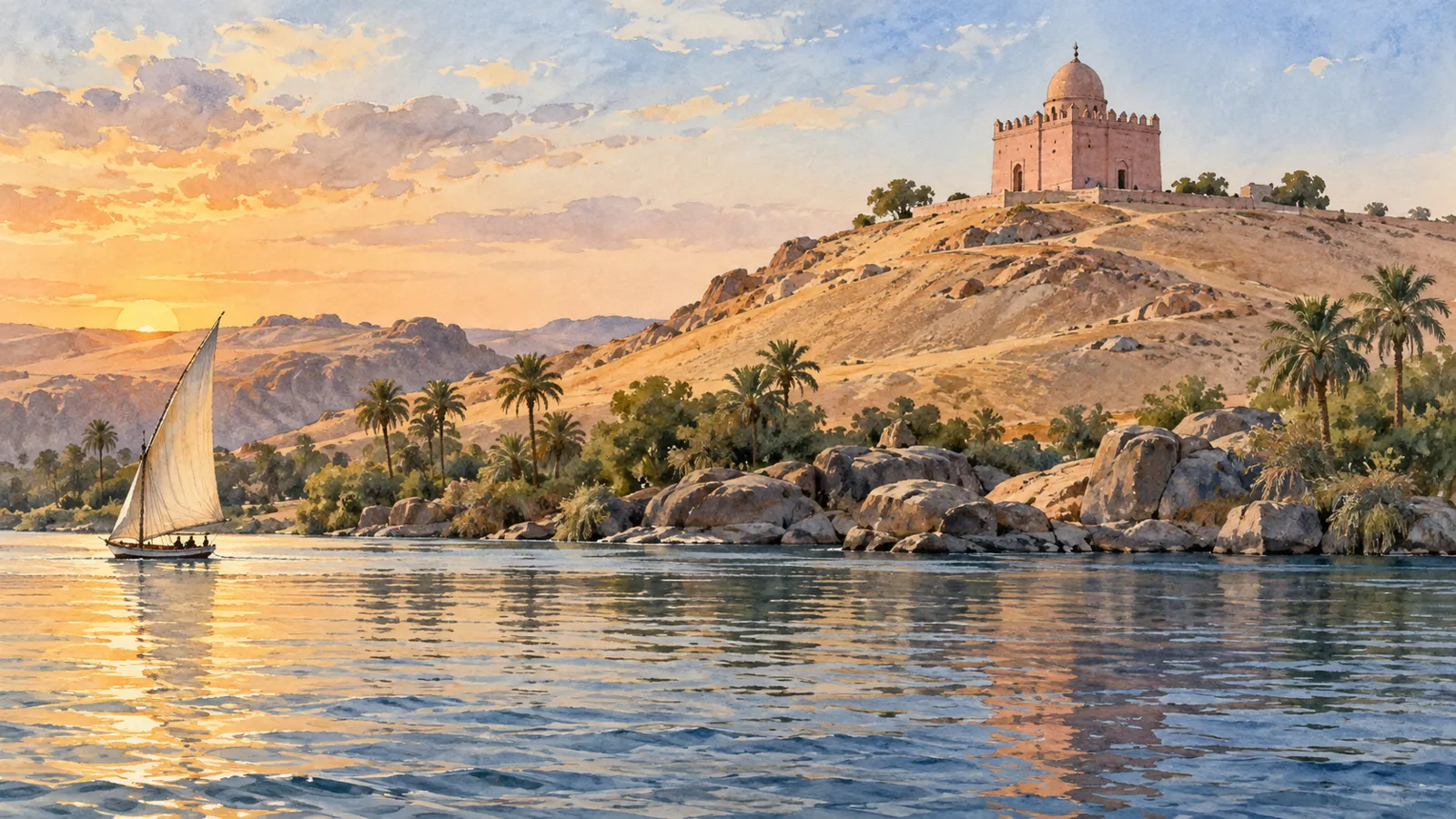 Watercolor interpretation of the Aga Khan Mausoleum above the Nile