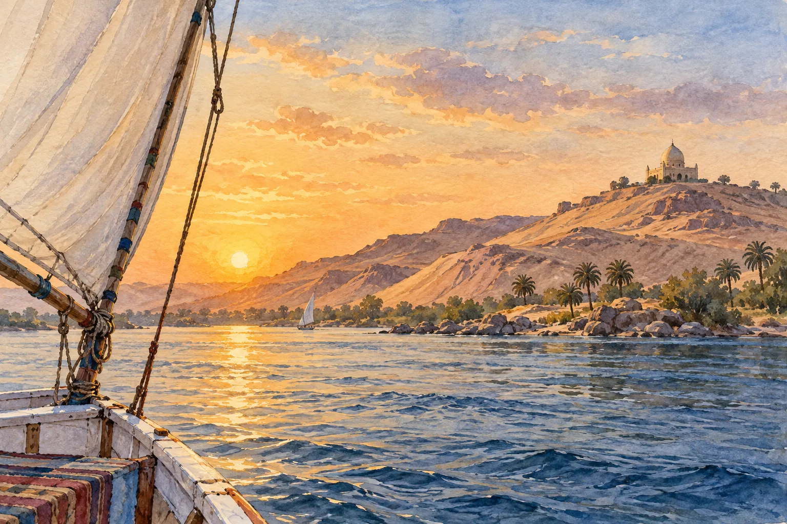 Watercolor illustration of a felucca journey on the Nile at sunset