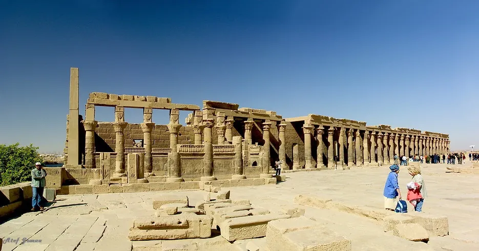Colonnade and stone paving at Philae Temple in Aswan