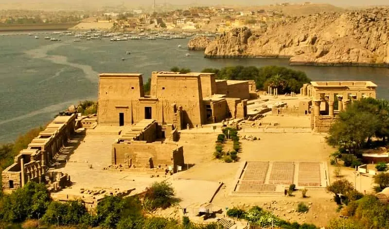 Elevated view of the Philae temple complex and surrounding water