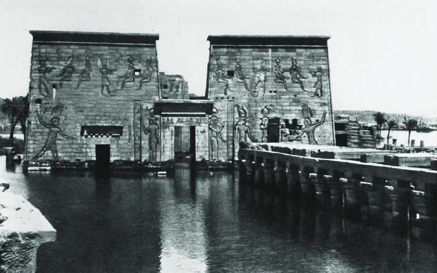 Historic photograph of floodwater around the Temple of Isis at Philae